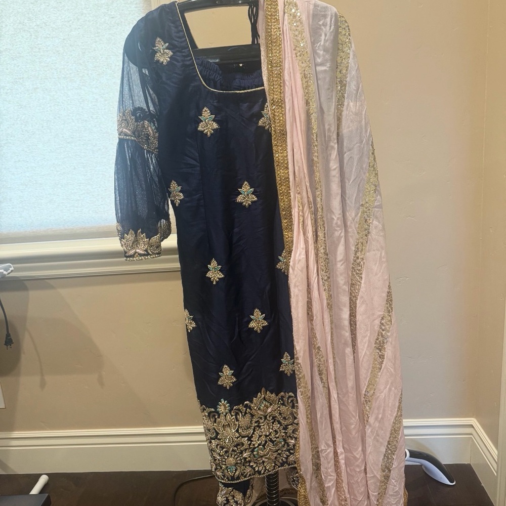 Navy Blue Embroidered Salwar Kameez with Pink Dupatta
